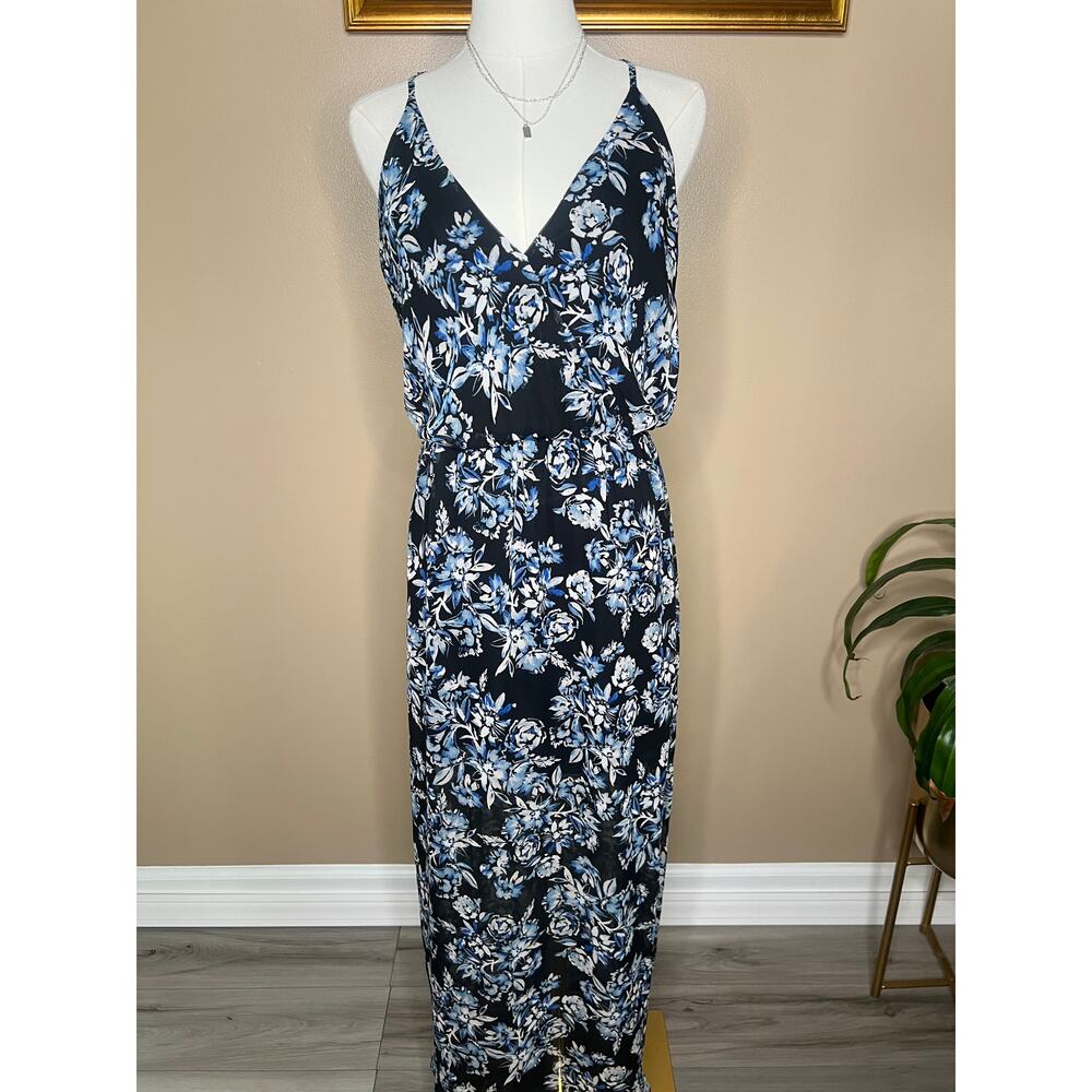 Lush Floral Maxi Dress Blue Black Sleeveless Large Romantic